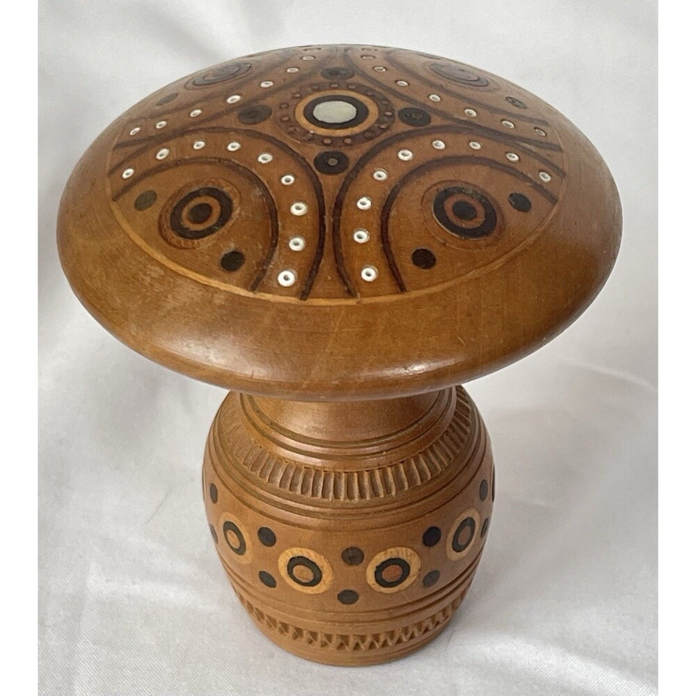 Signed Ukrainian Hutsul Turned Wood Mushroom Box Carved Inlay Folk Art VTG
